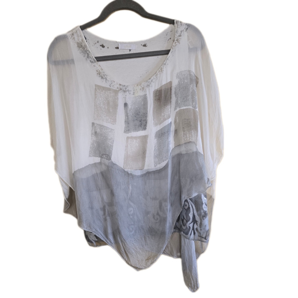 Stunning Hand Dyed Scandal Watercolor Sheer Silk Overlay Italian Boho Blouse — image 3 of 6